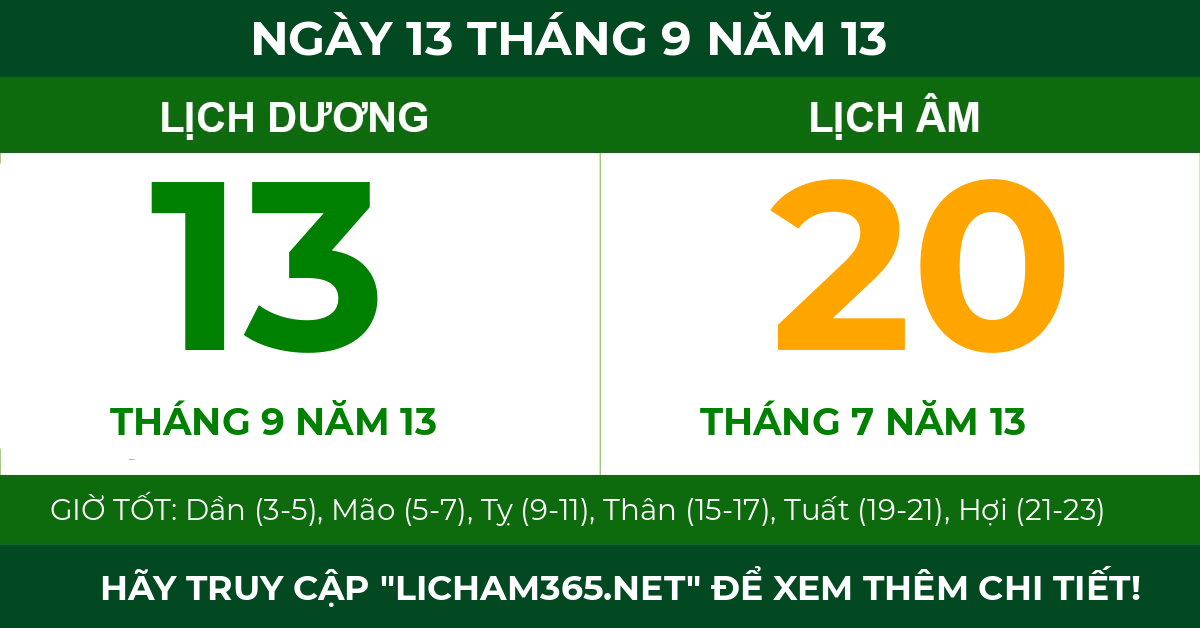 lịch âm ngày 13 tháng 9 năm 13