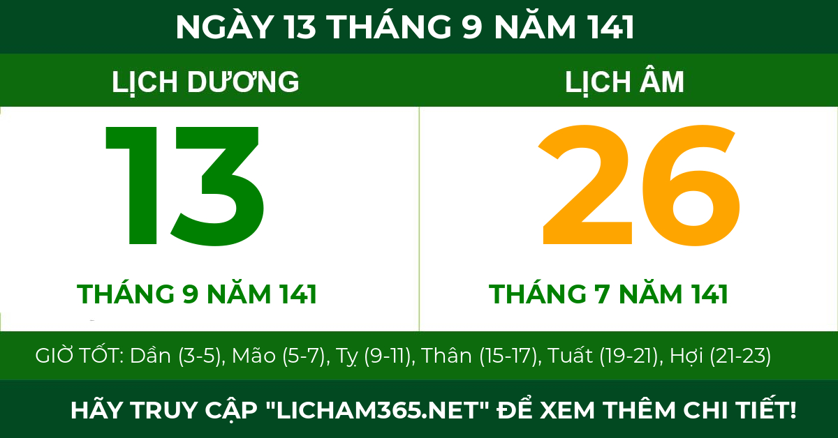 lịch âm ngày 13 tháng 9 năm 141