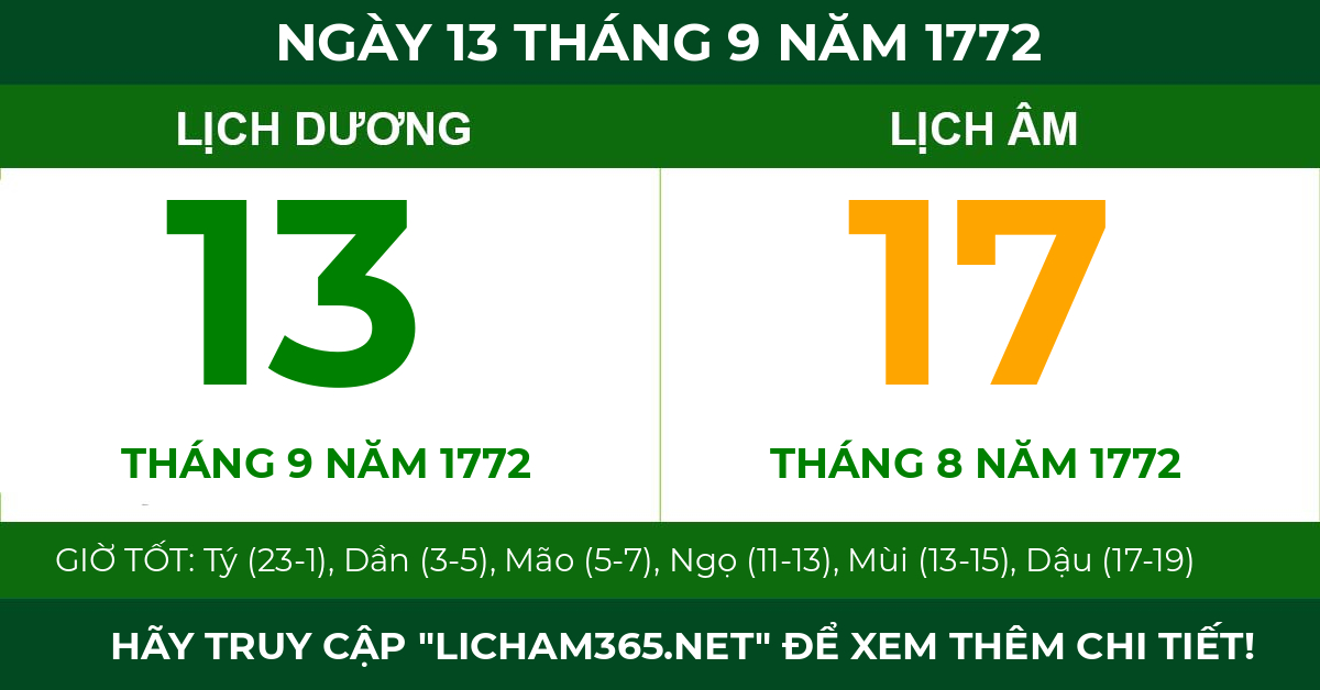 lịch âm ngày 13 tháng 9 năm 1772