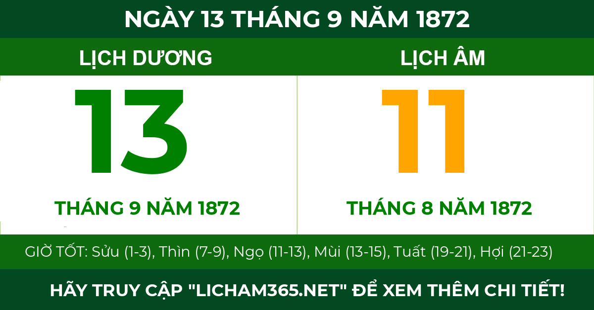 lịch âm ngày 13 tháng 9 năm 1872
