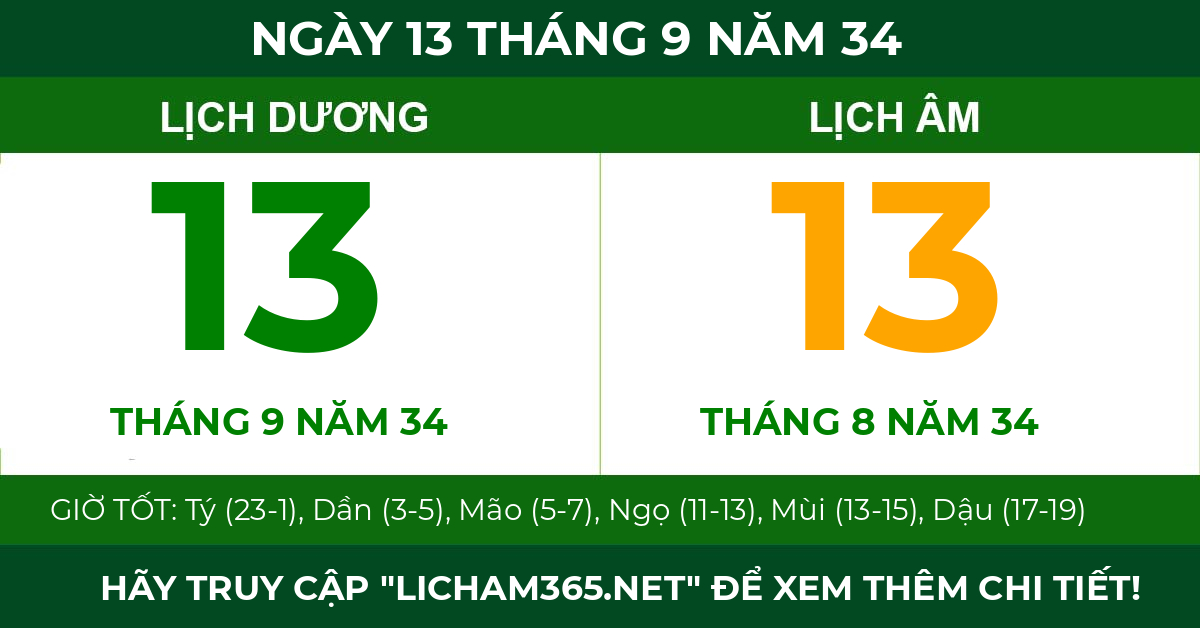 lịch âm ngày 13 tháng 9 năm 34