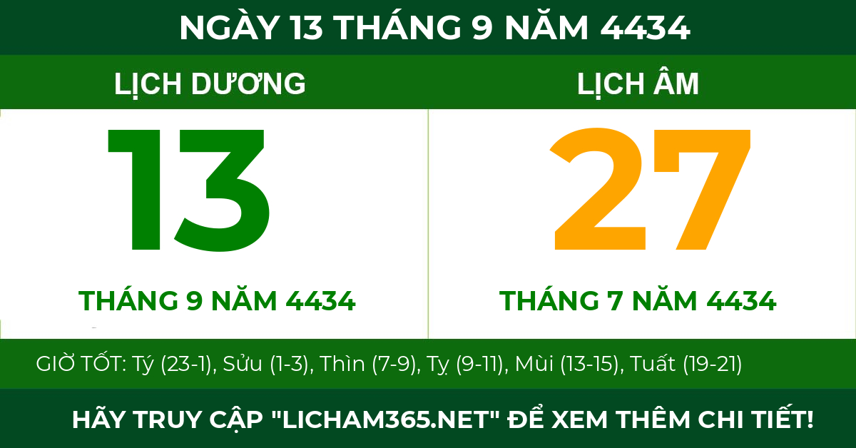 lịch âm ngày 13 tháng 9 năm 4434
