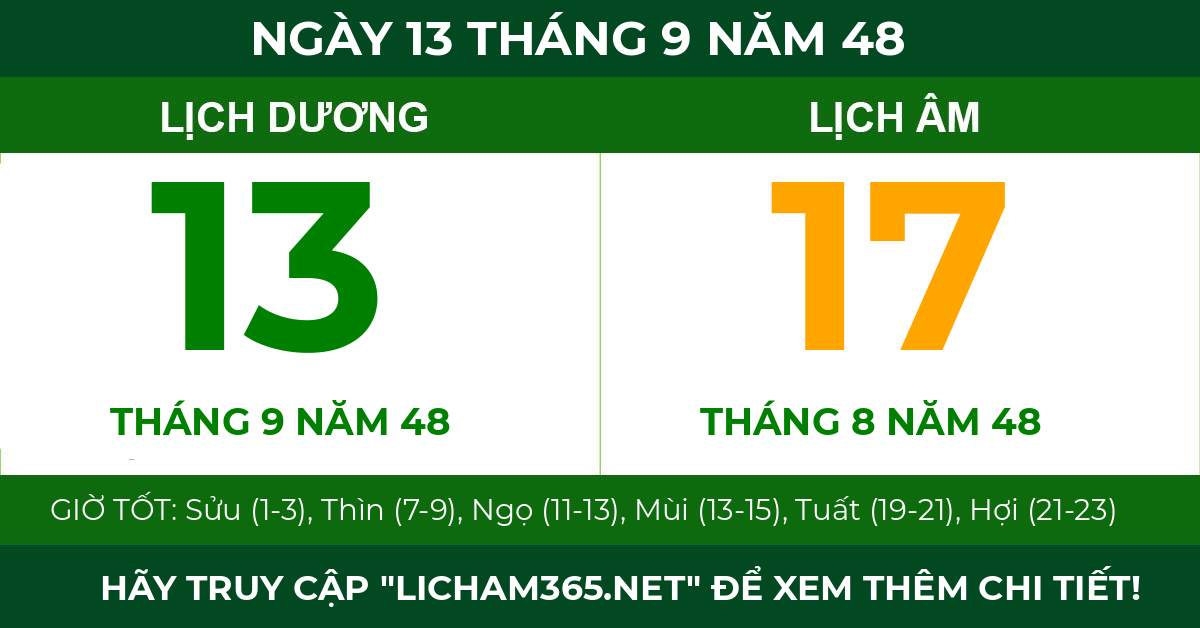 lịch âm ngày 13 tháng 9 năm 48