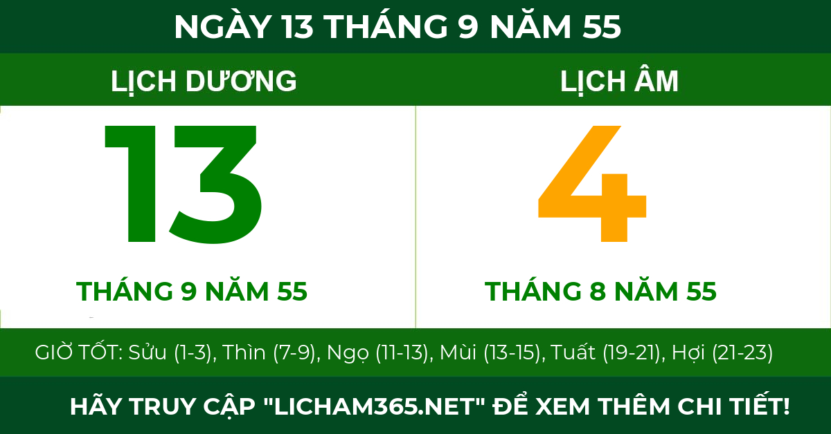 lịch âm ngày 13 tháng 9 năm 55