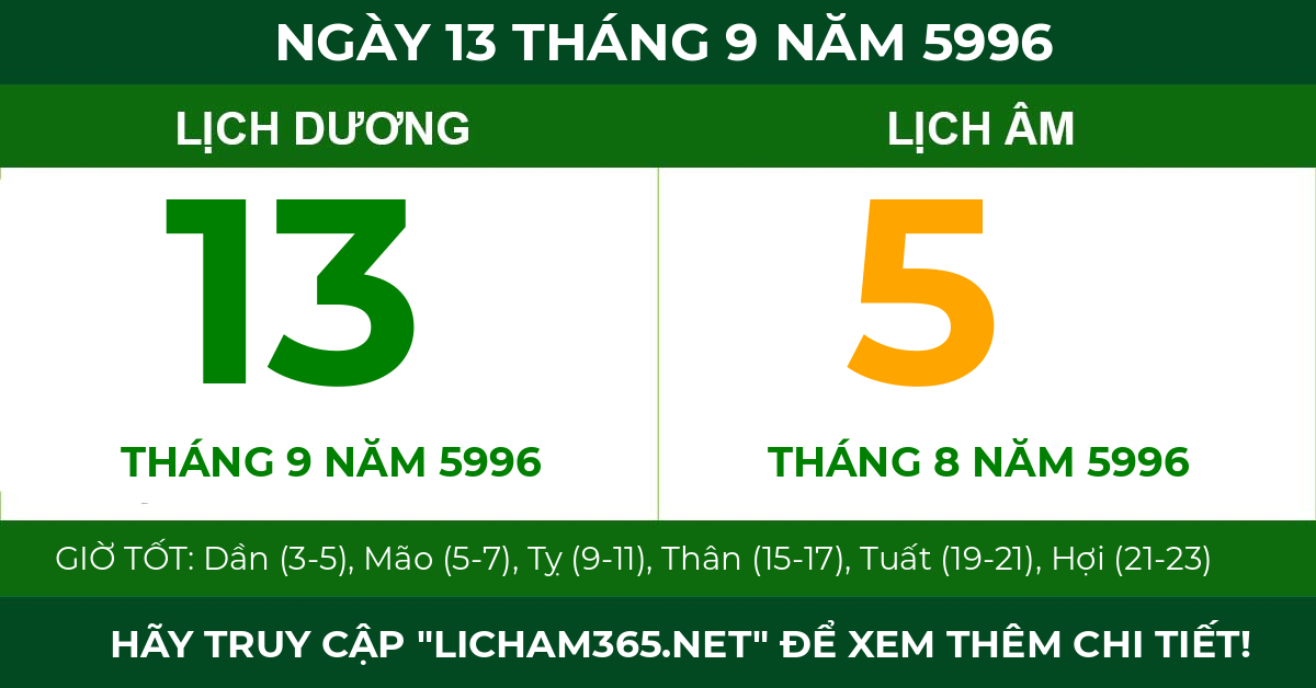 lịch âm ngày 13 tháng 9 năm 5996