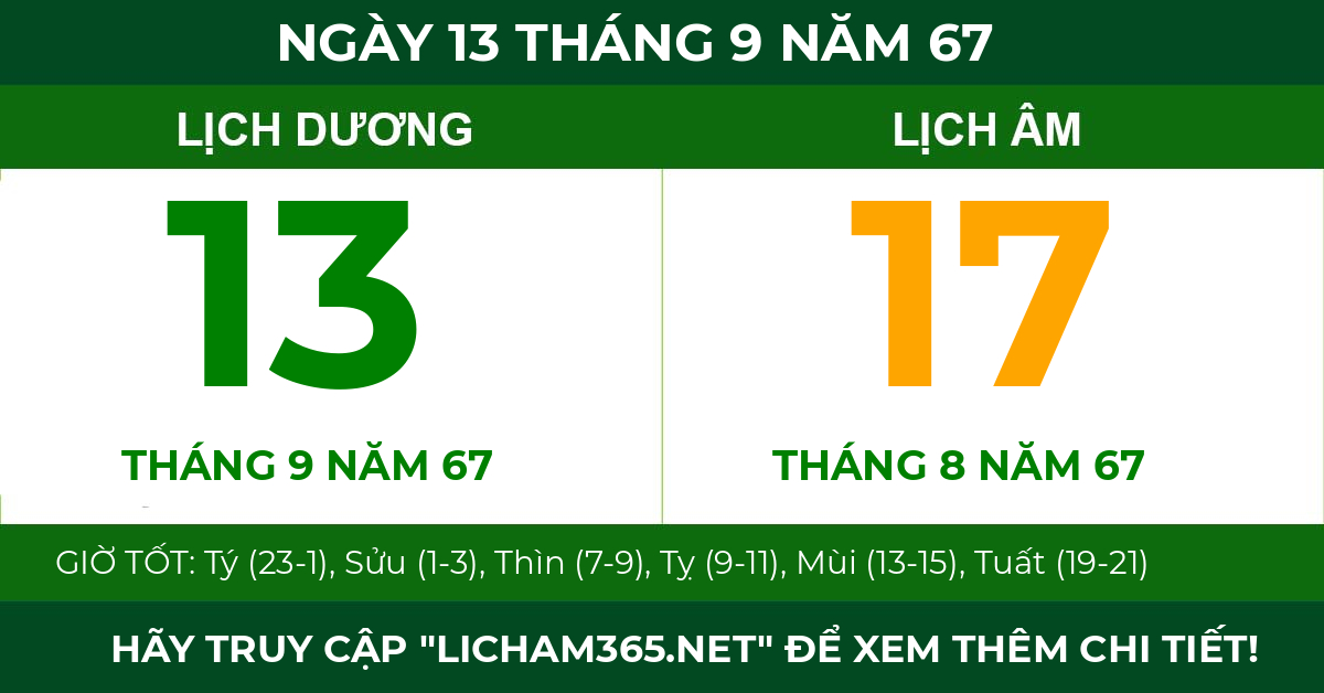 lịch âm ngày 13 tháng 9 năm 67