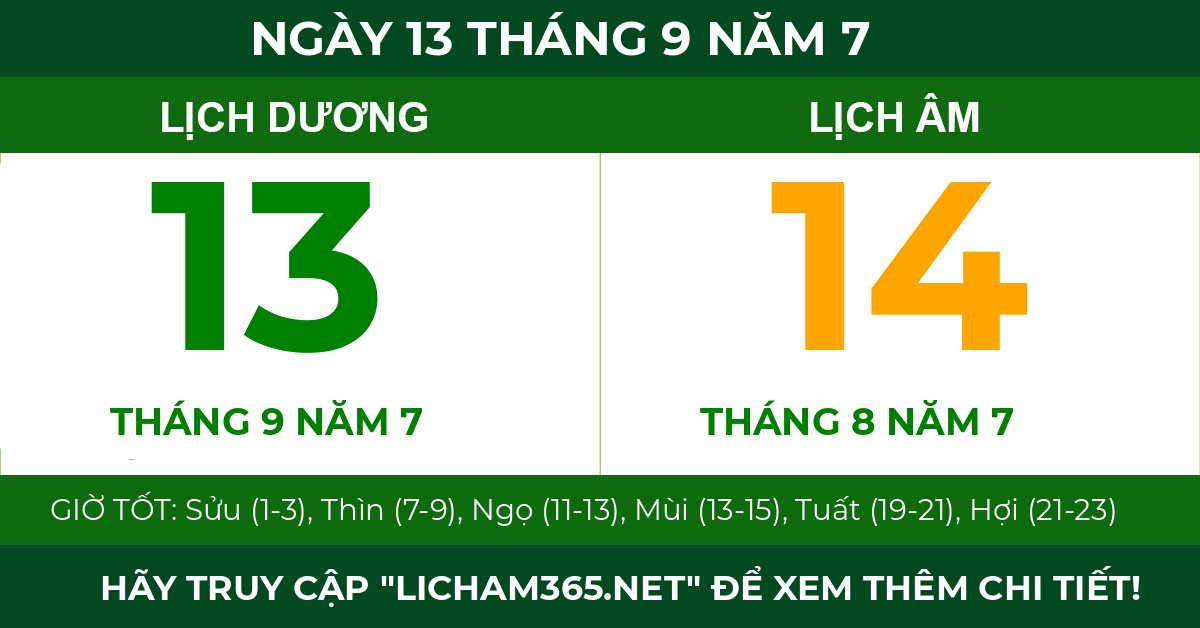 lịch âm ngày 13 tháng 9 năm 7