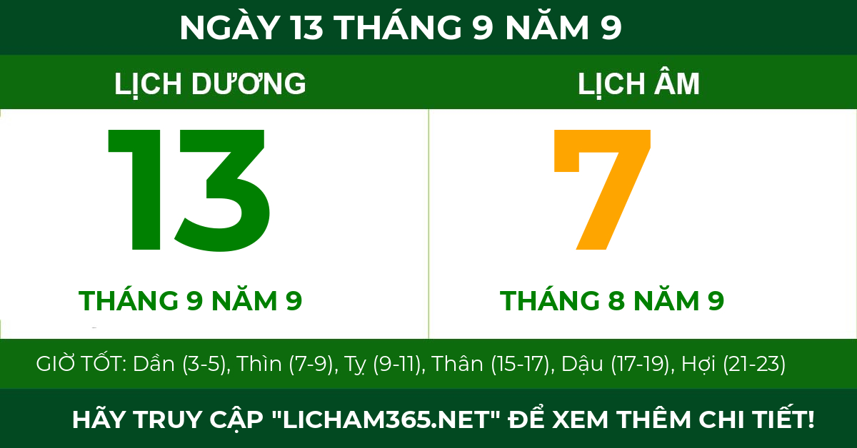 lịch âm ngày 13 tháng 9 năm 9