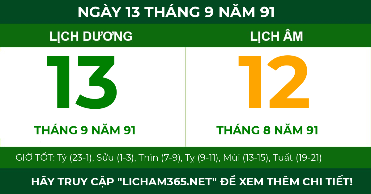 lịch âm ngày 13 tháng 9 năm 91