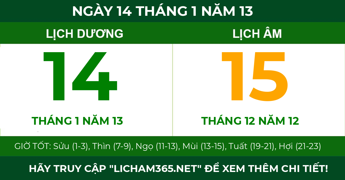 lịch âm ngày 14 tháng 1 năm 13