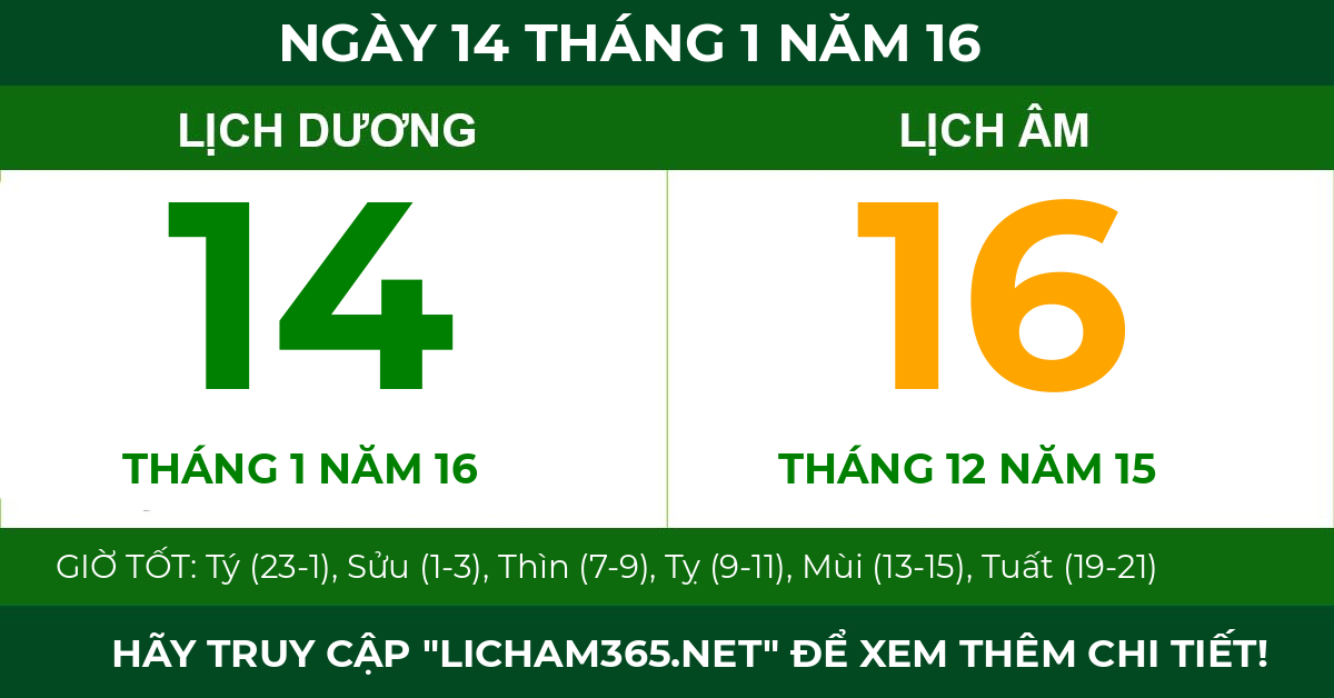 lịch âm ngày 14 tháng 1 năm 16