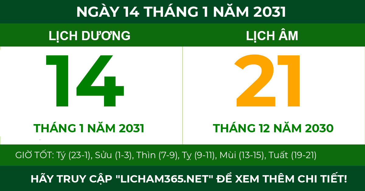 lịch âm ngày 14 tháng 1 năm 2031