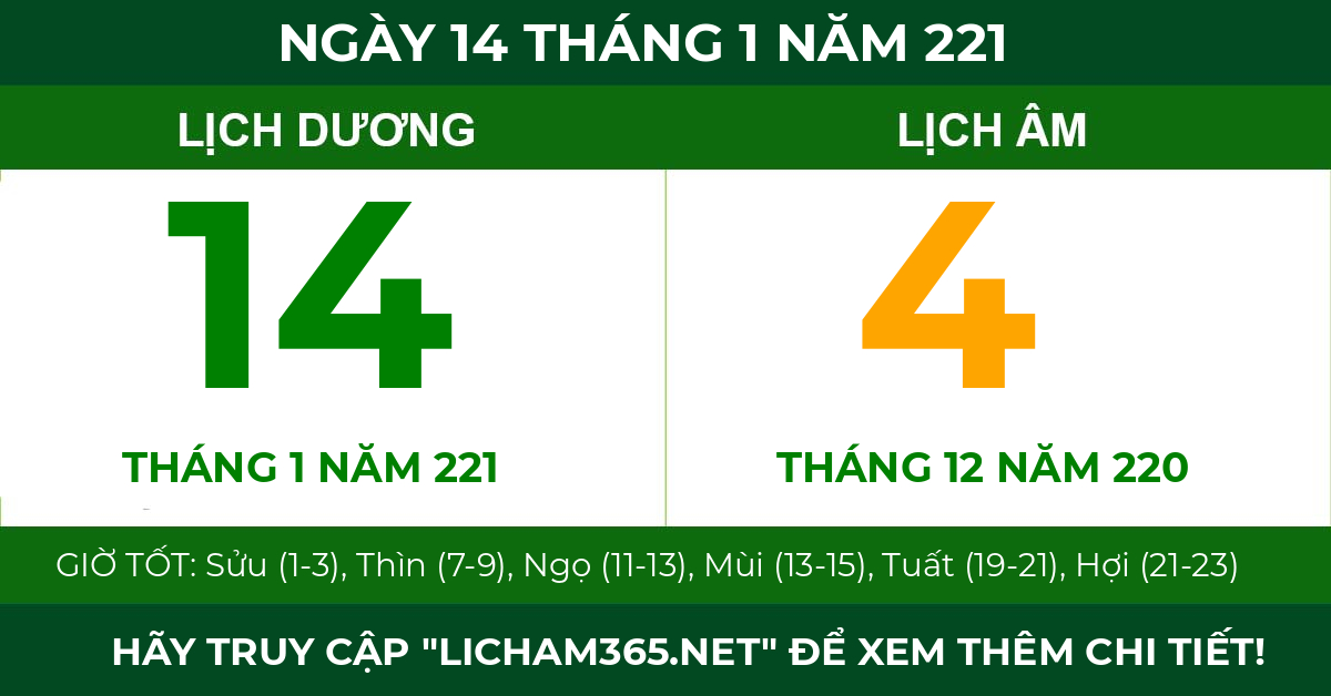 lịch âm ngày 14 tháng 1 năm 221