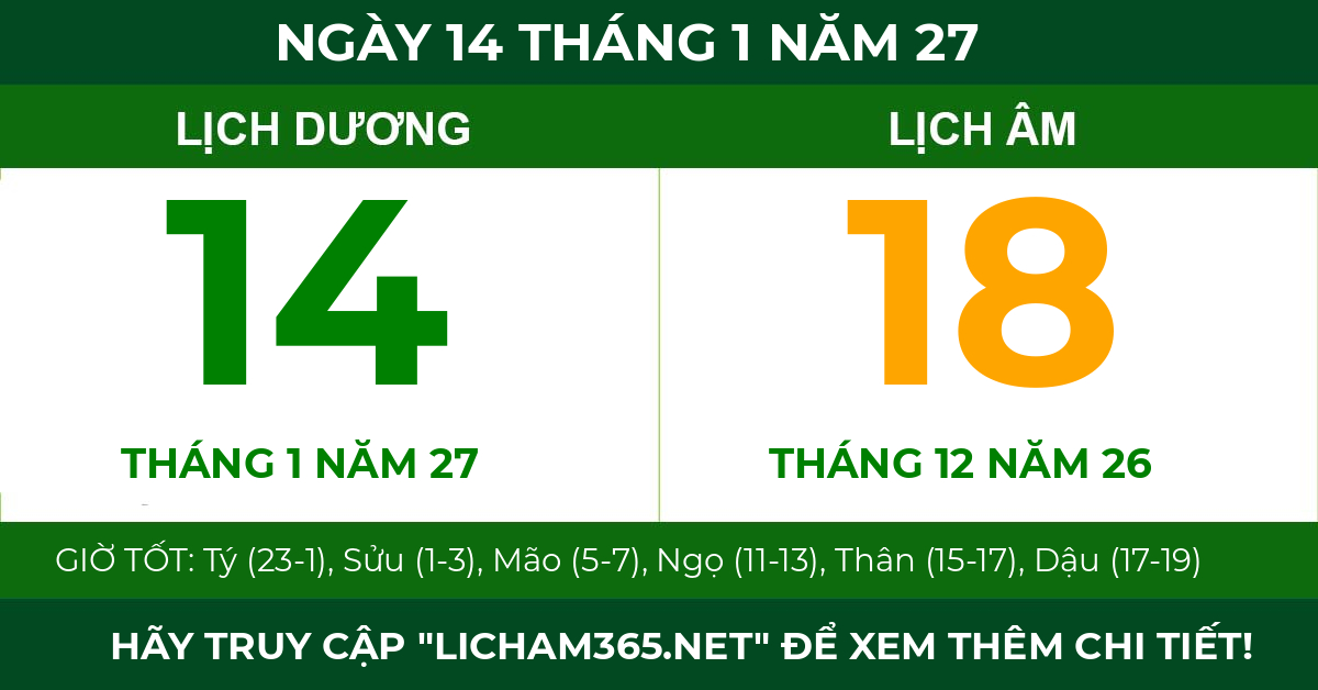 lịch âm ngày 14 tháng 1 năm 27