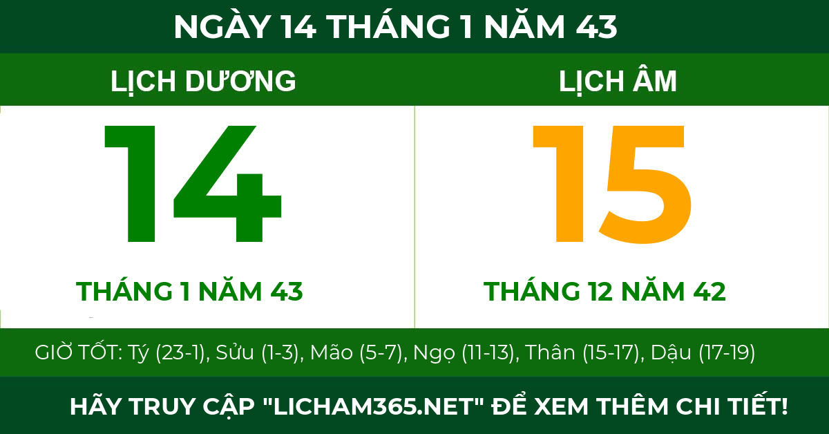 lịch âm ngày 14 tháng 1 năm 43