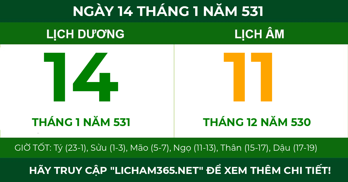 lịch âm ngày 14 tháng 1 năm 531