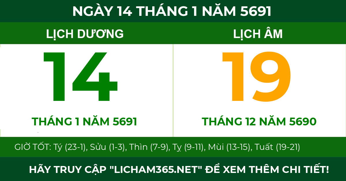 lịch âm ngày 14 tháng 1 năm 5691