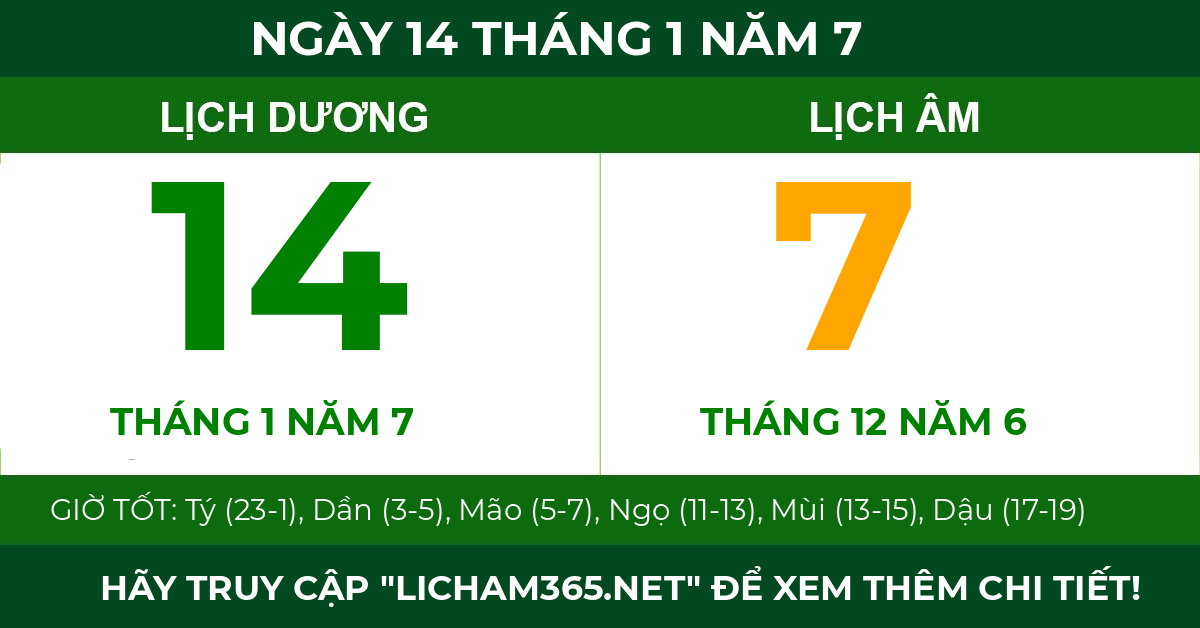 lịch âm ngày 14 tháng 1 năm 7