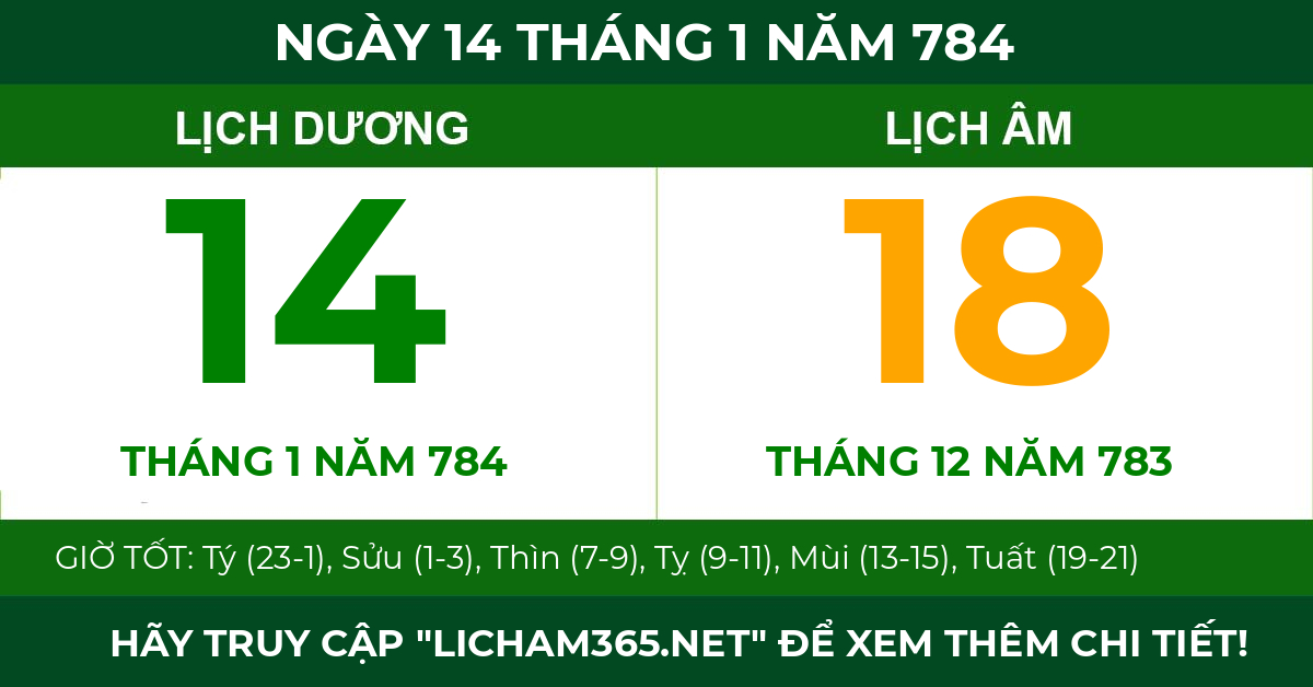 lịch âm ngày 14 tháng 1 năm 784