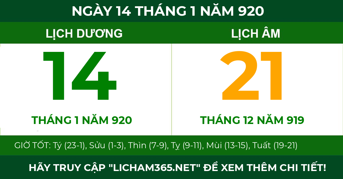 lịch âm ngày 14 tháng 1 năm 920
