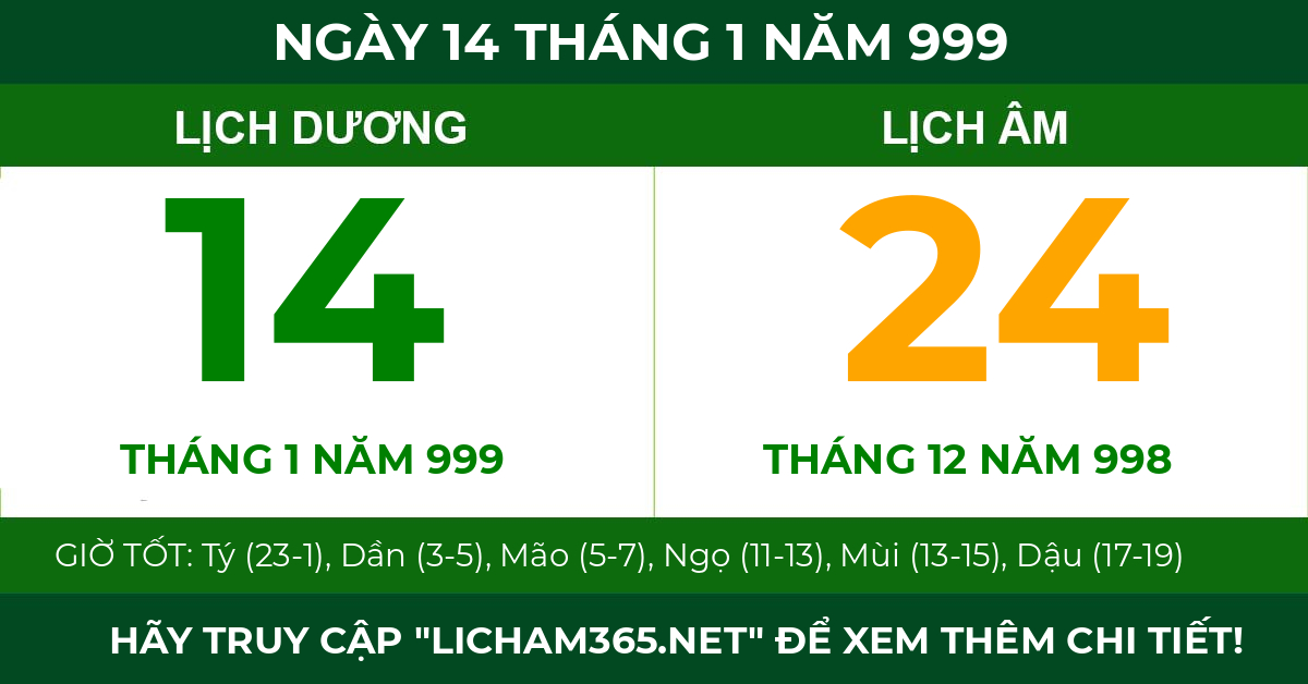 lịch âm ngày 14 tháng 1 năm 999