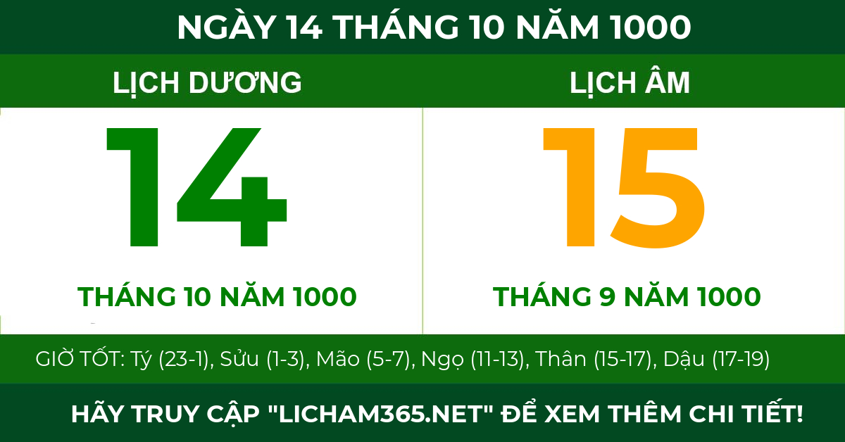 lịch âm ngày 14 tháng 10 năm 1000