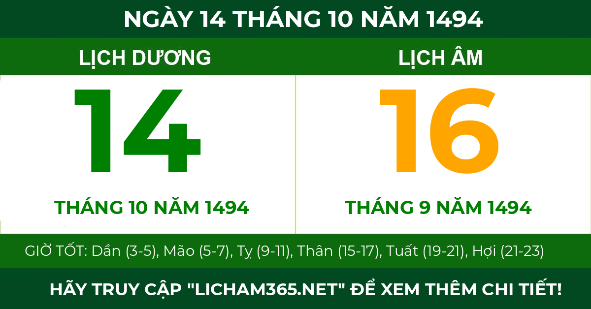 lịch âm ngày 14 tháng 10 năm 1494