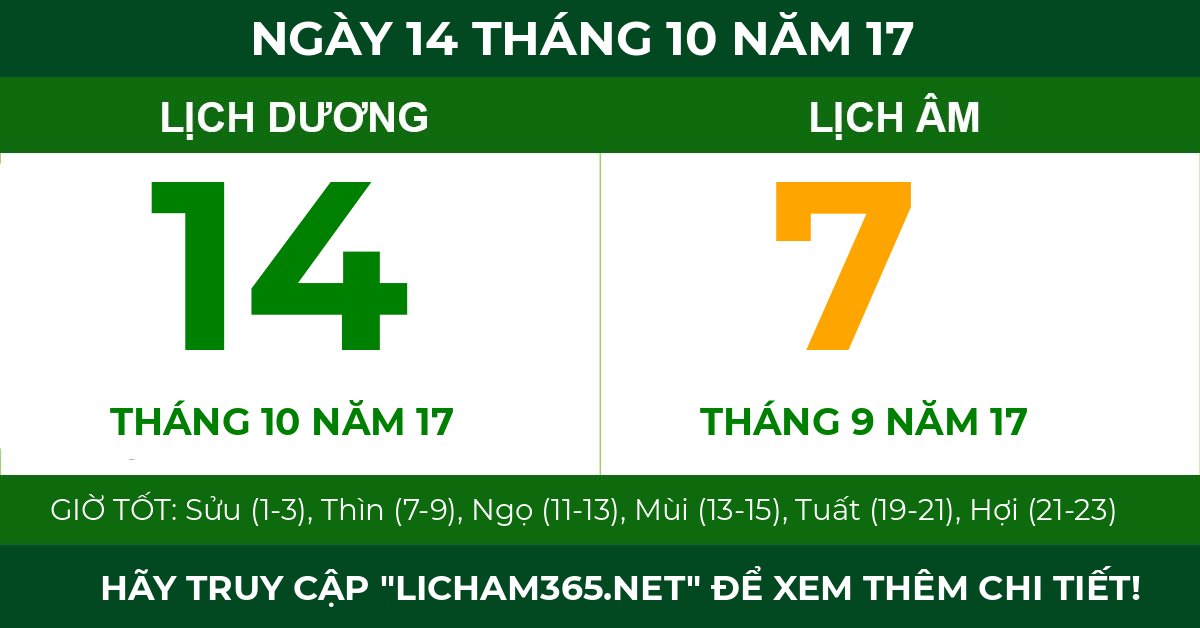 lịch âm ngày 14 tháng 10 năm 17