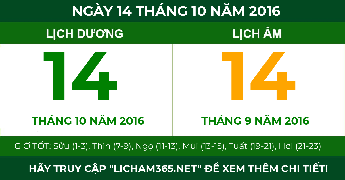 lịch âm ngày 14 tháng 10 năm 2016