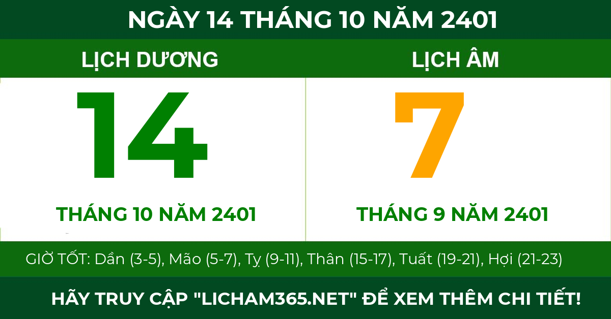 lịch âm ngày 14 tháng 10 năm 2401