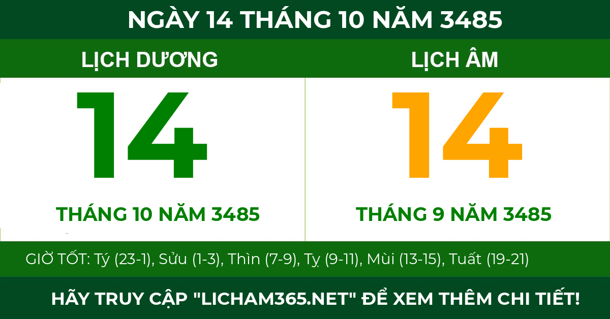 lịch âm ngày 14 tháng 10 năm 3485