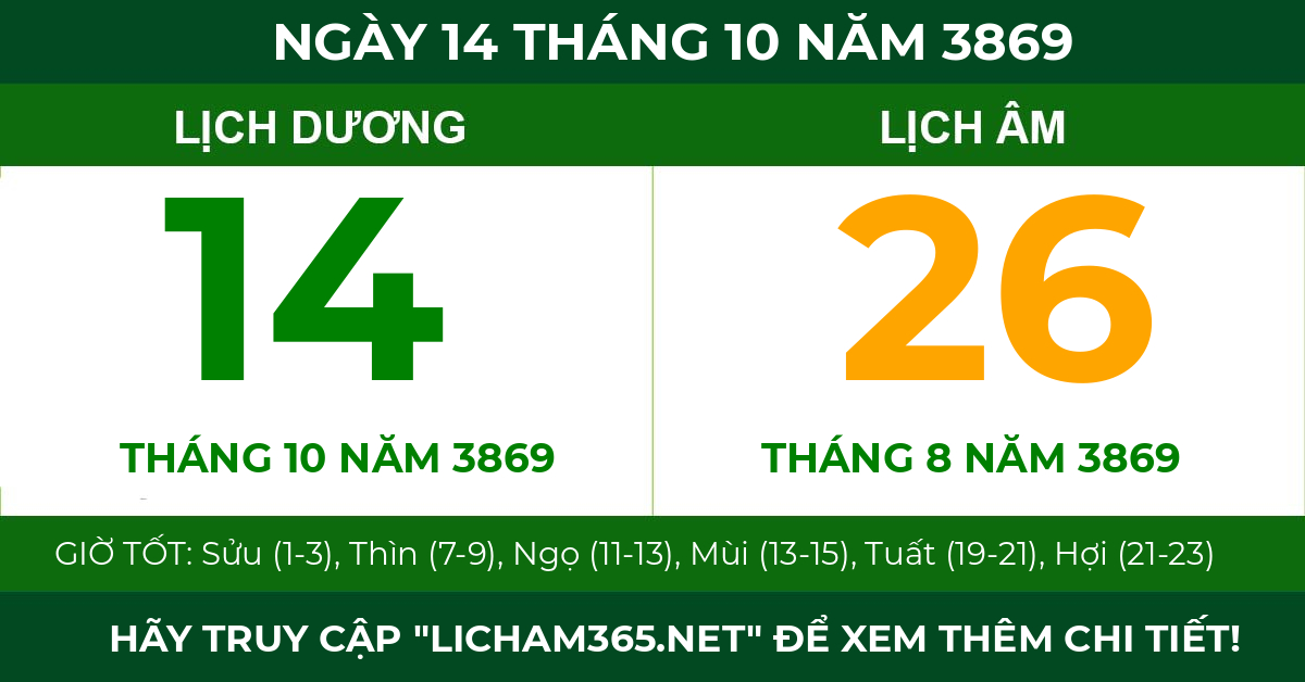 lịch âm ngày 14 tháng 10 năm 3869