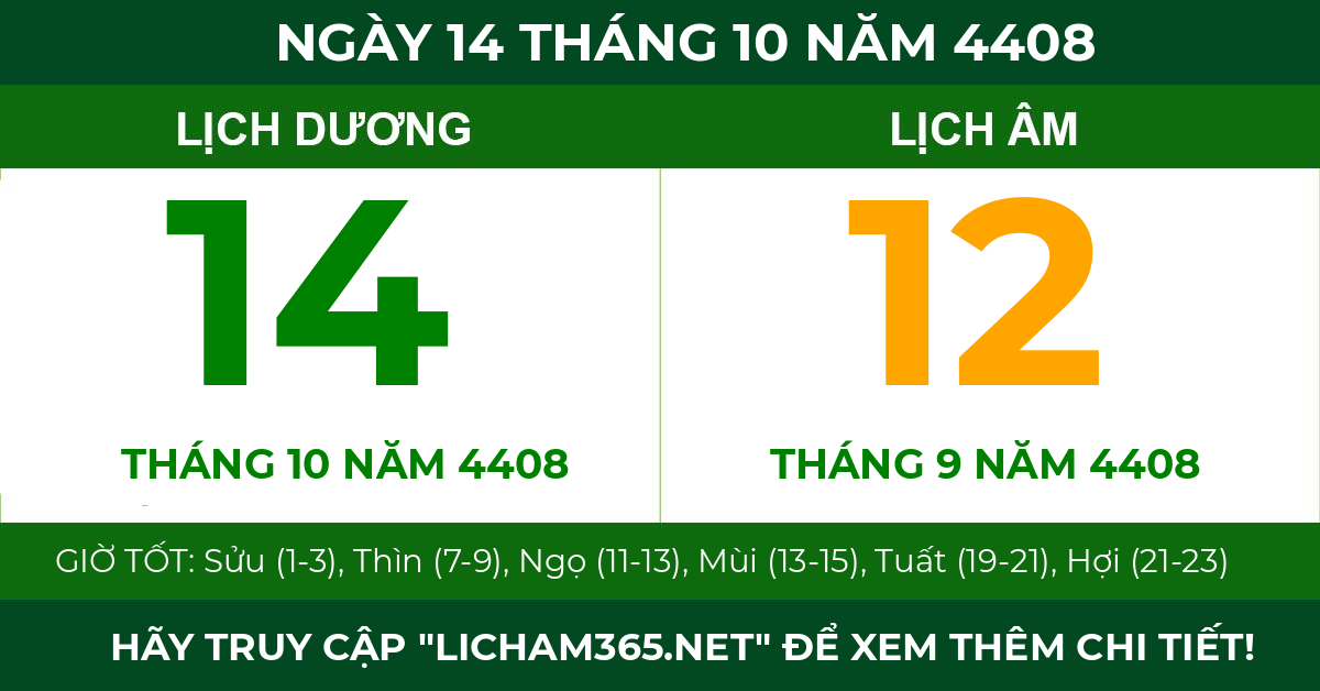 lịch âm ngày 14 tháng 10 năm 4408