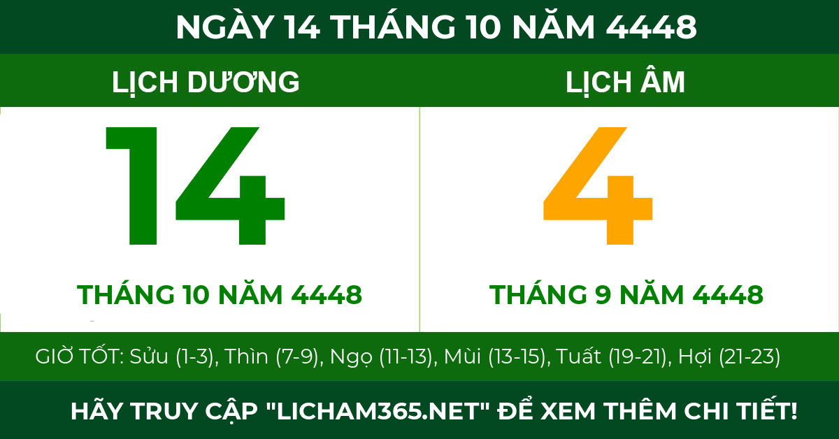 lịch âm ngày 14 tháng 10 năm 4448