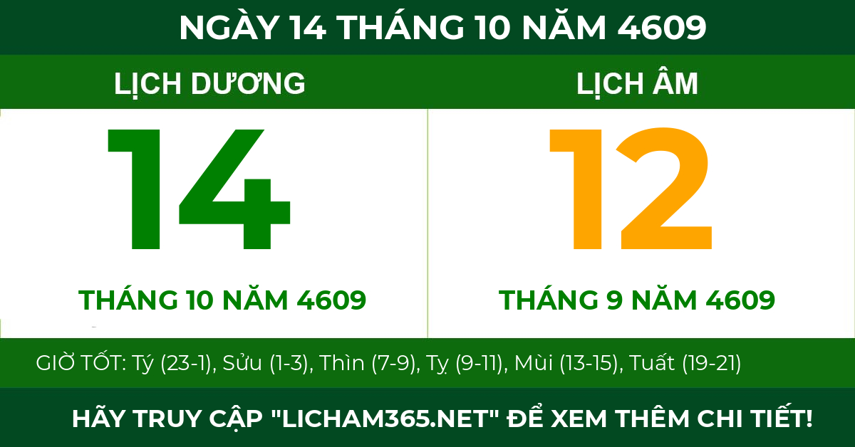 lịch âm ngày 14 tháng 10 năm 4609