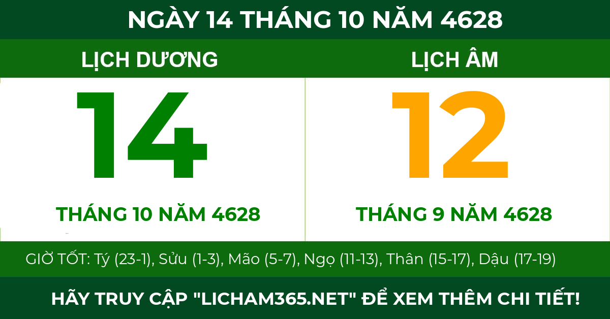 lịch âm ngày 14 tháng 10 năm 4628