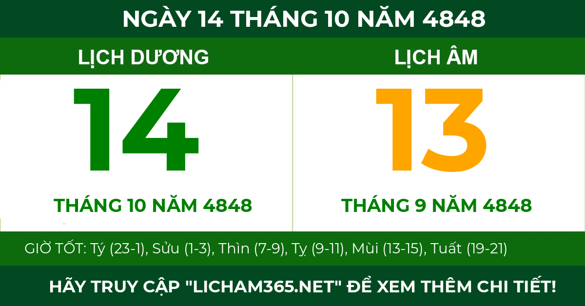 lịch âm ngày 14 tháng 10 năm 4848
