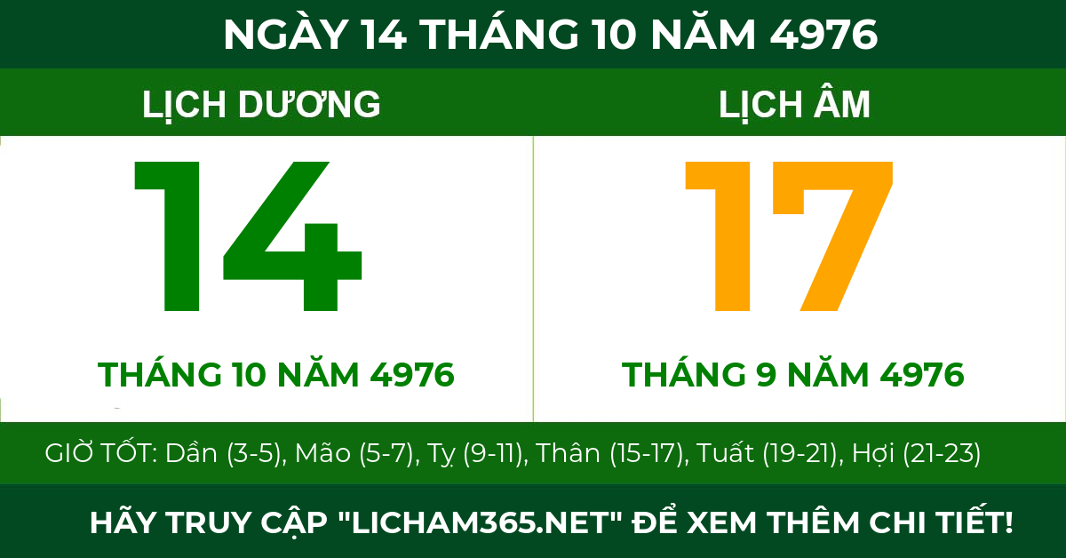 lịch âm ngày 14 tháng 10 năm 4976