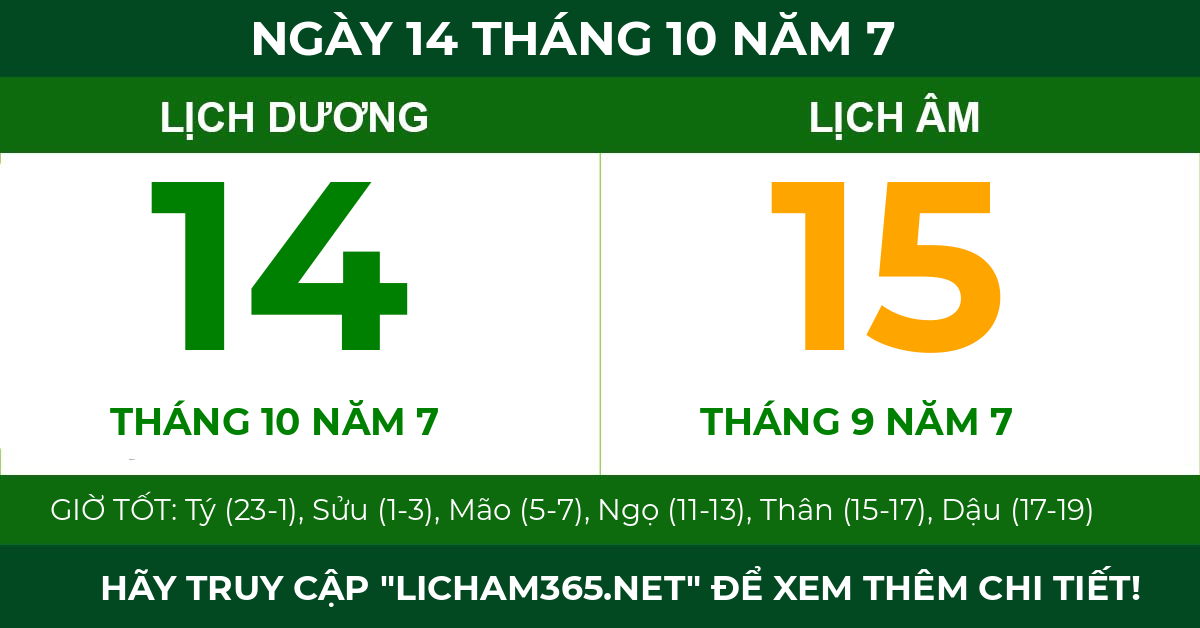 lịch âm ngày 14 tháng 10 năm 7
