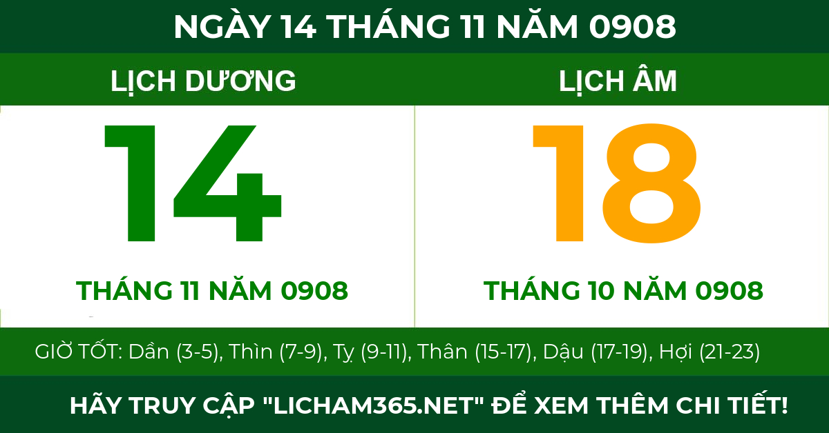 lịch âm ngày 14 tháng 11 năm 0908