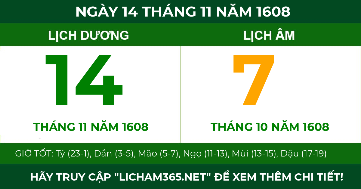lịch âm ngày 14 tháng 11 năm 1608