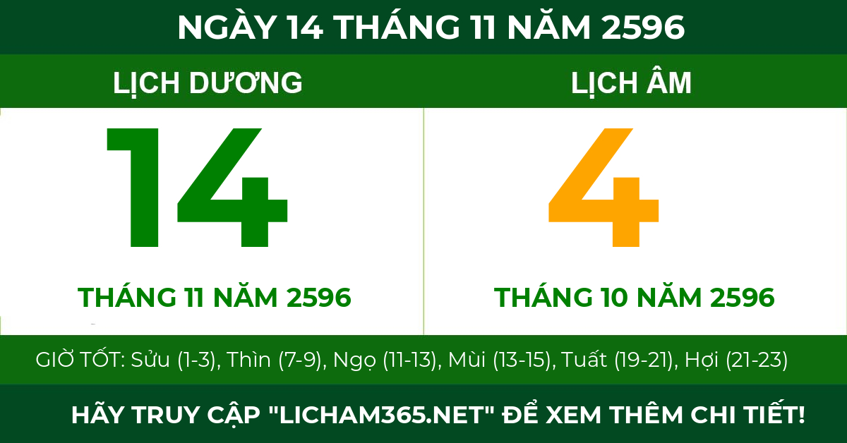 lịch âm ngày 14 tháng 11 năm 2596