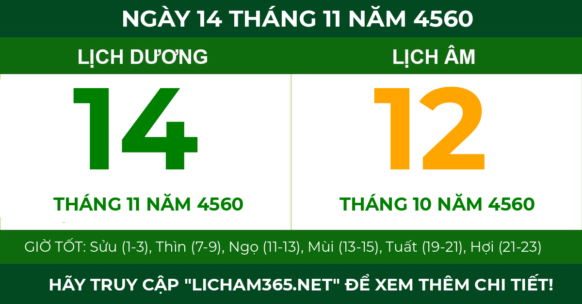 lịch âm ngày 14 tháng 11 năm 4560