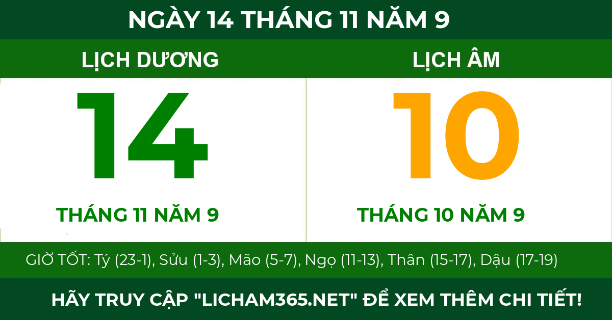 lịch âm ngày 14 tháng 11 năm 9