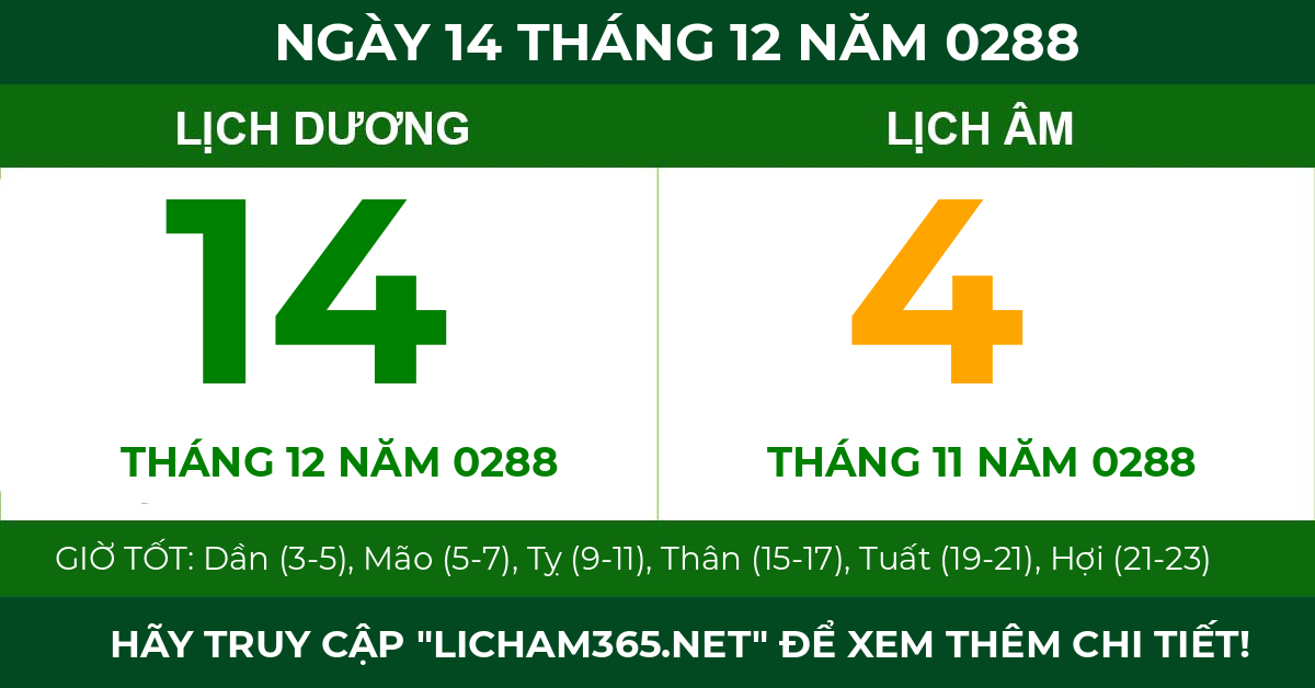 lịch âm ngày 14 tháng 12 năm 0288