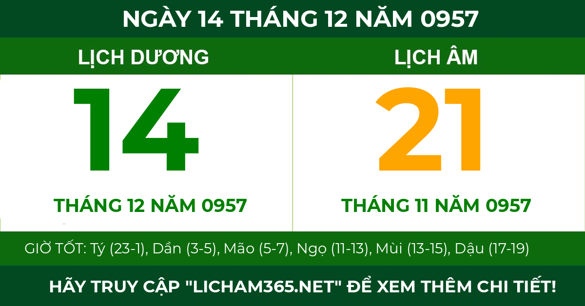 lịch âm ngày 14 tháng 12 năm 0957
