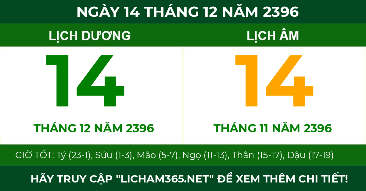 lịch âm ngày 14 tháng 12 năm 2396