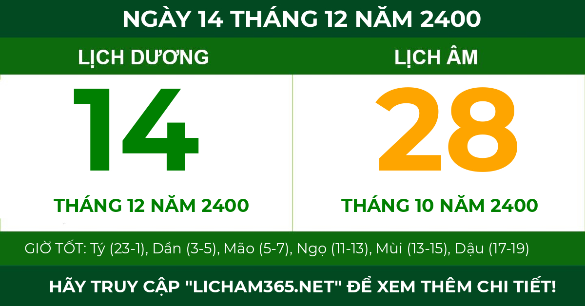 lịch âm ngày 14 tháng 12 năm 2400
