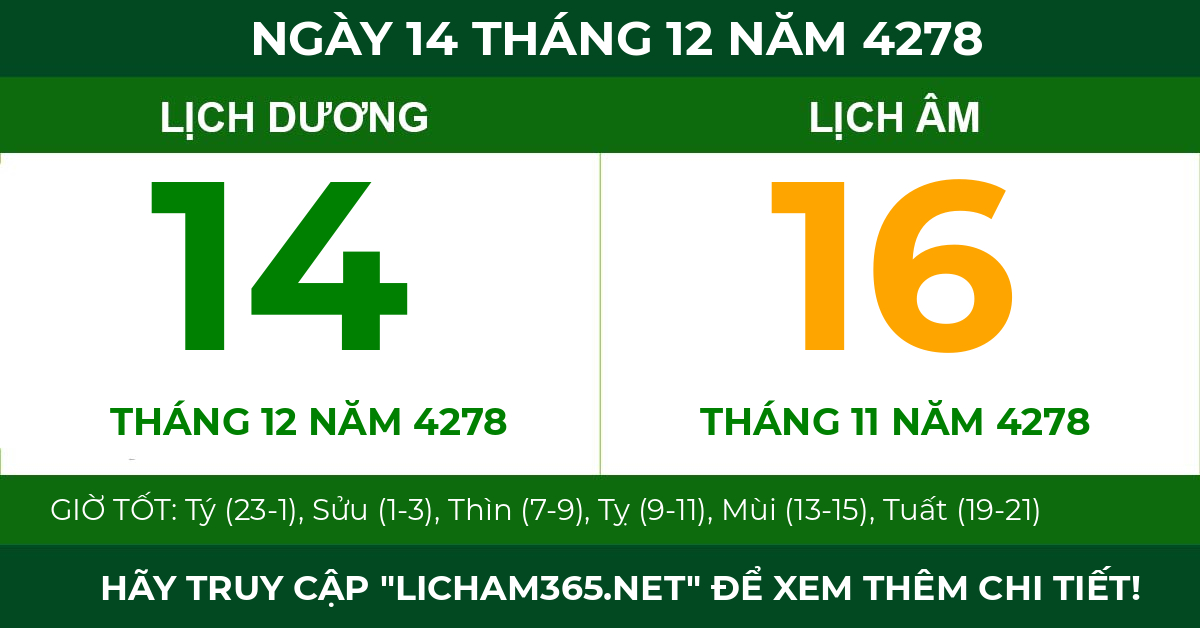 lịch âm ngày 14 tháng 12 năm 4278