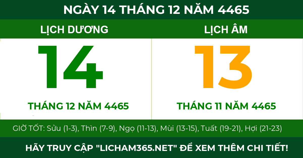 lịch âm ngày 14 tháng 12 năm 4465